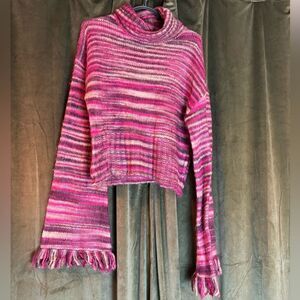 Gorgeous bell, fringe sleeve Striped Pink Sweater